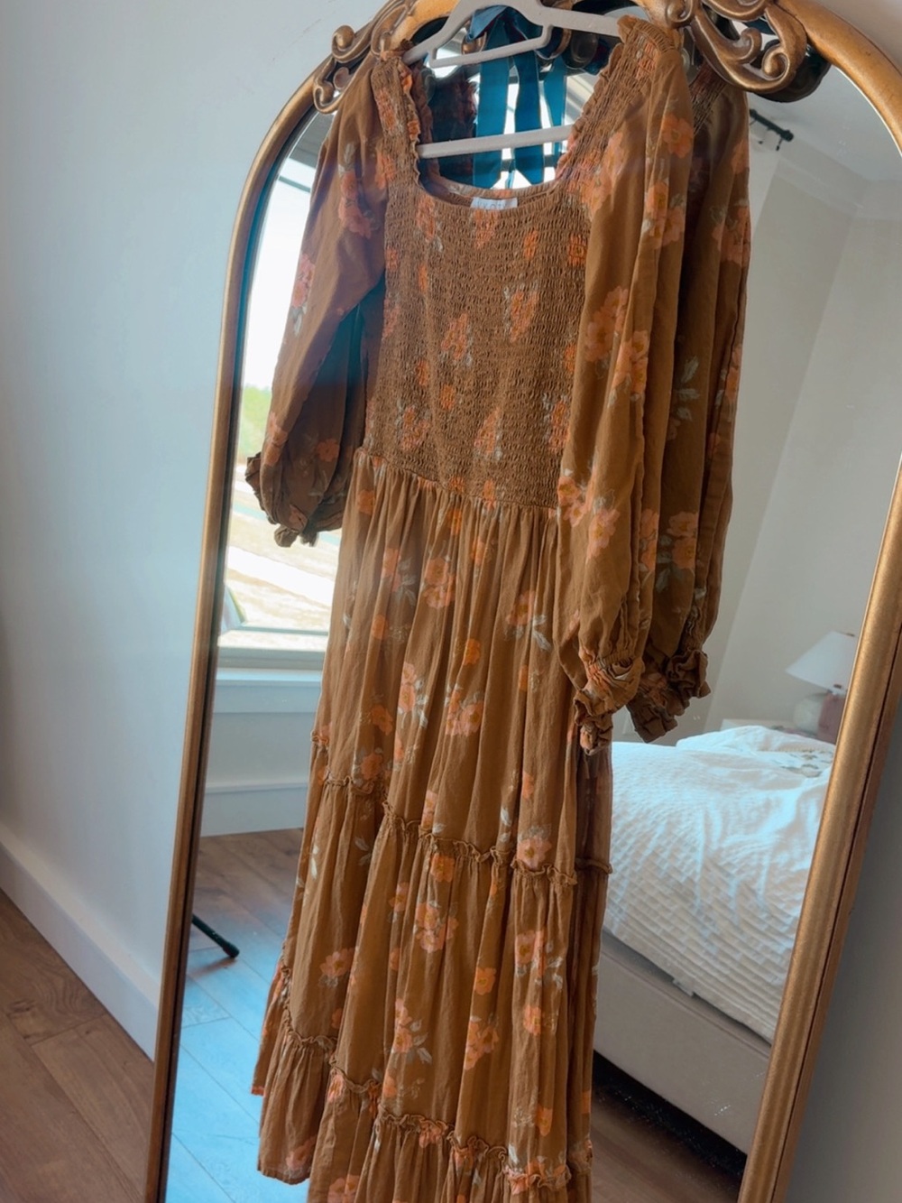 Ivy City Co Smocked Boho Maxi Dress in Rust Floral